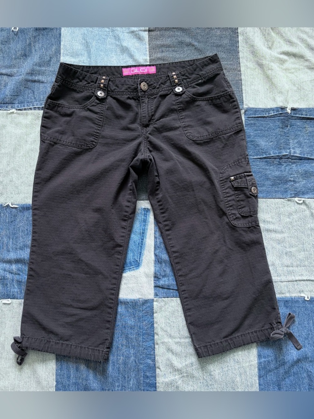 Y2K Glo Black Capri Pants Studded Cargo Low Rise Late 2000s 100% Cotton Size 9